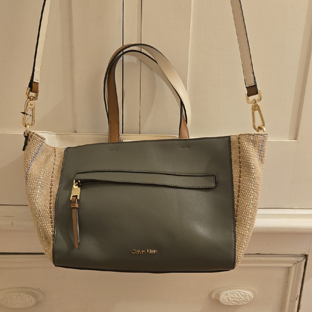Calvin Klein olive, cream and woven tote bag
